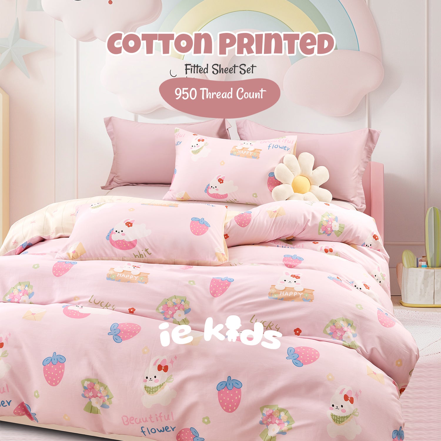 IE Kids I 100% Cotton Printed I Fitted Sheet Set I Without Quilt Cover -  Berry Bunny