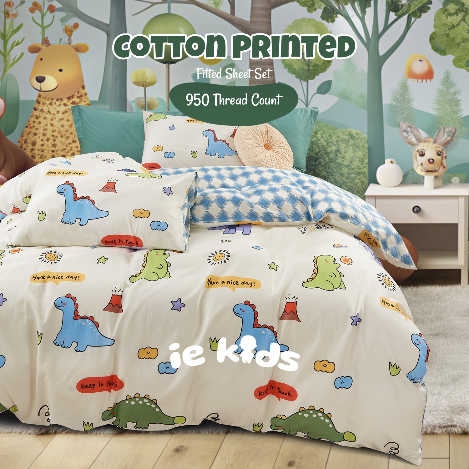 IE Kids I 100% Cotton Printed I Fitted Sheet Set I Without Quilt Cover -  Dino Roar
