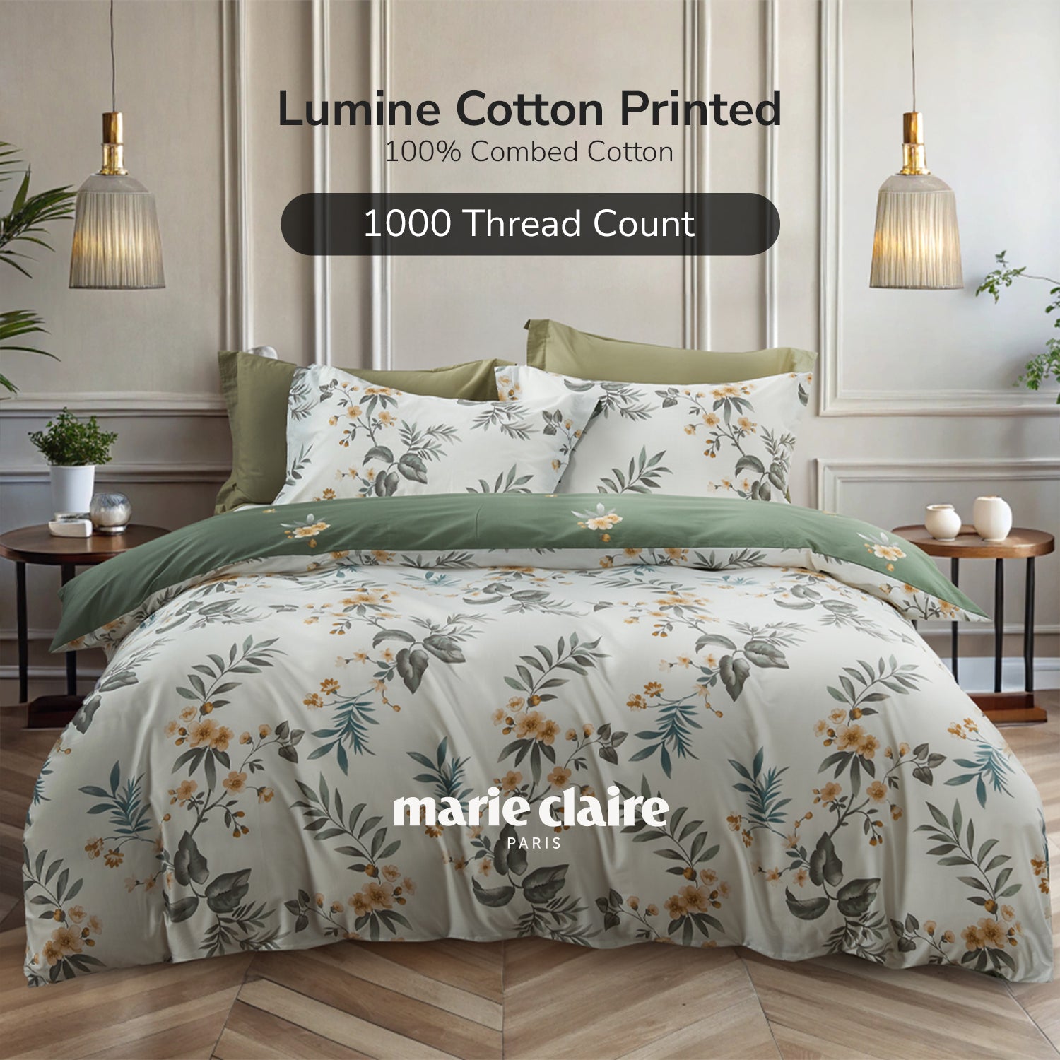 Marie Claire I Lumine 100% Combed Cotton I 1000TC I Fitted Sheet Set I Bed Set - Olive
