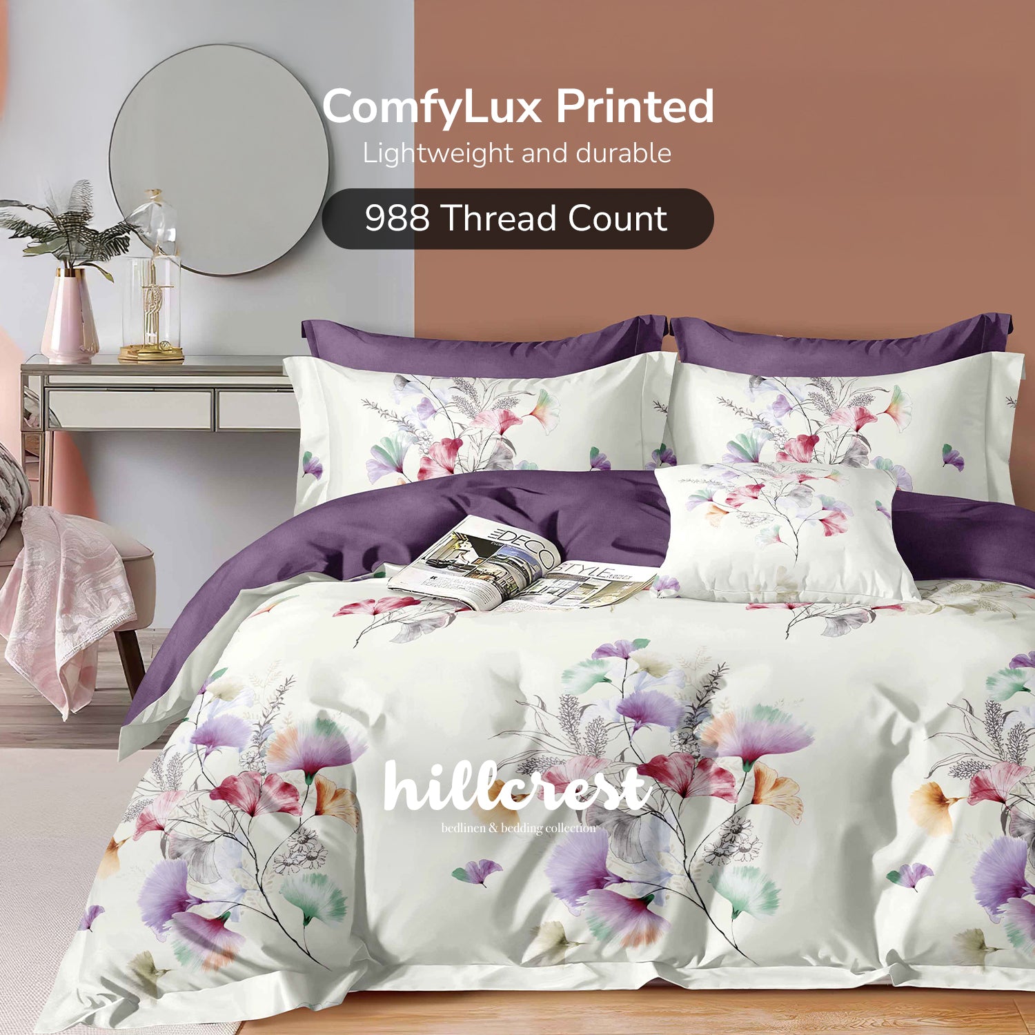 Hillcrest I ComfyLux Printed I 988TC I Fitted Sheet Set I Summer Blanket - Violet