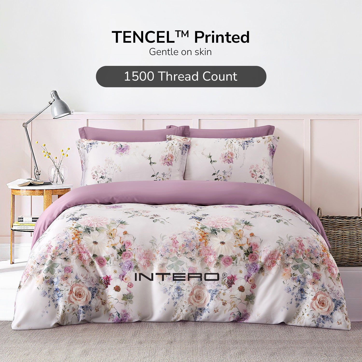 Intero MCD Lyocell Printed 1500TC Cooling Soft Luxury Bedding Fitted Sheet Set Gentle on Skin 1500 Thread Count - Petal Symphony