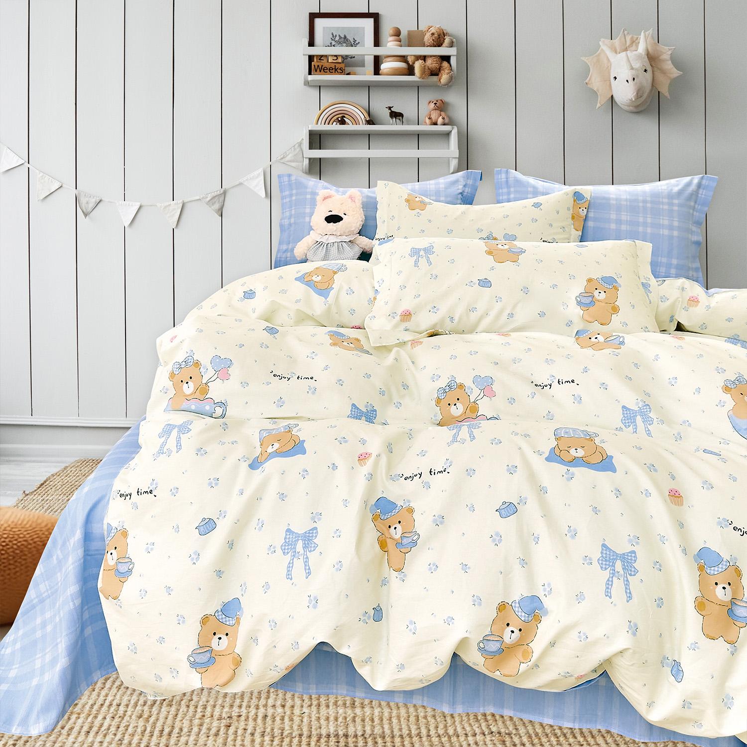 IE Kids I 100% Cotton Printed I Fitted Sheet Set I Fun Vibrant Prints Without Quilt Cover - Bedtime Bear