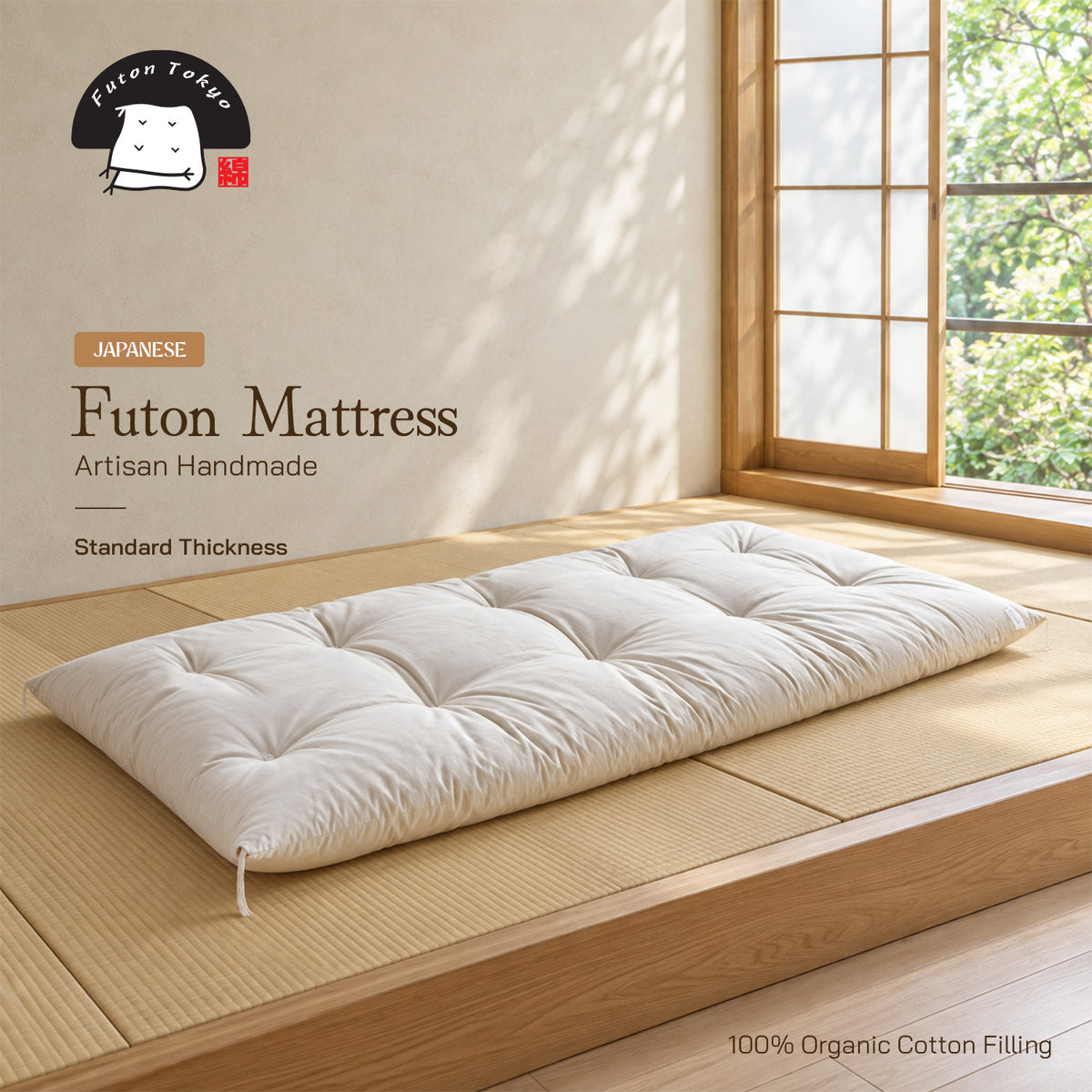 Futon Tokyo Standard Thickness 100% Organic Cotton Handmade Japanese Futon Mattress Single - Queen Size - Pre Order