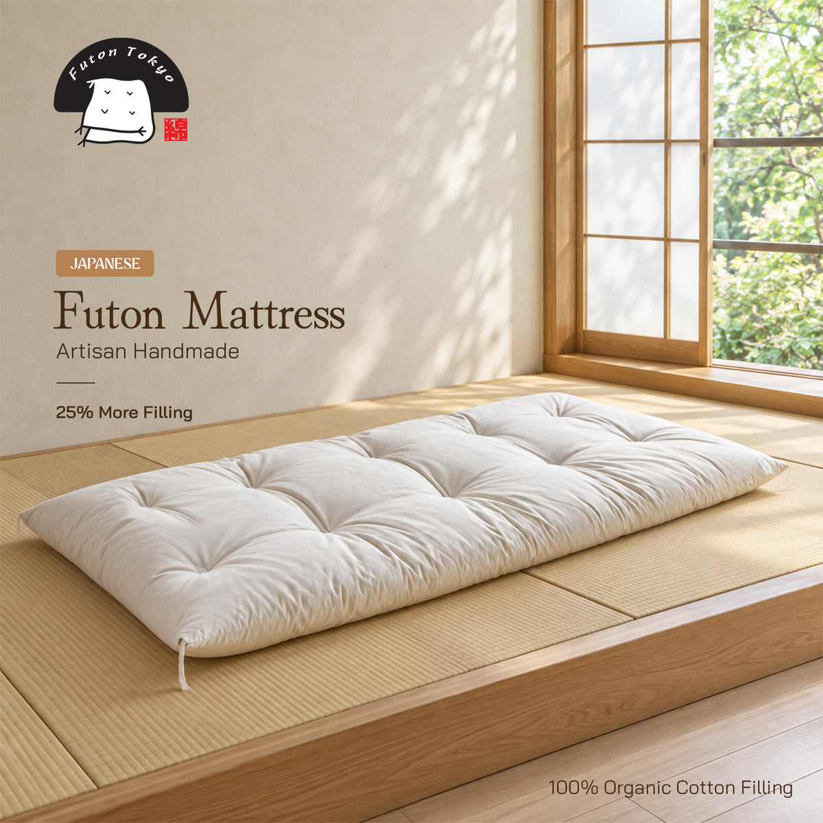 Futon Tokyo 100% Organic Cotton Japanese Futon Mattress – 25% More Filling - Pre Order