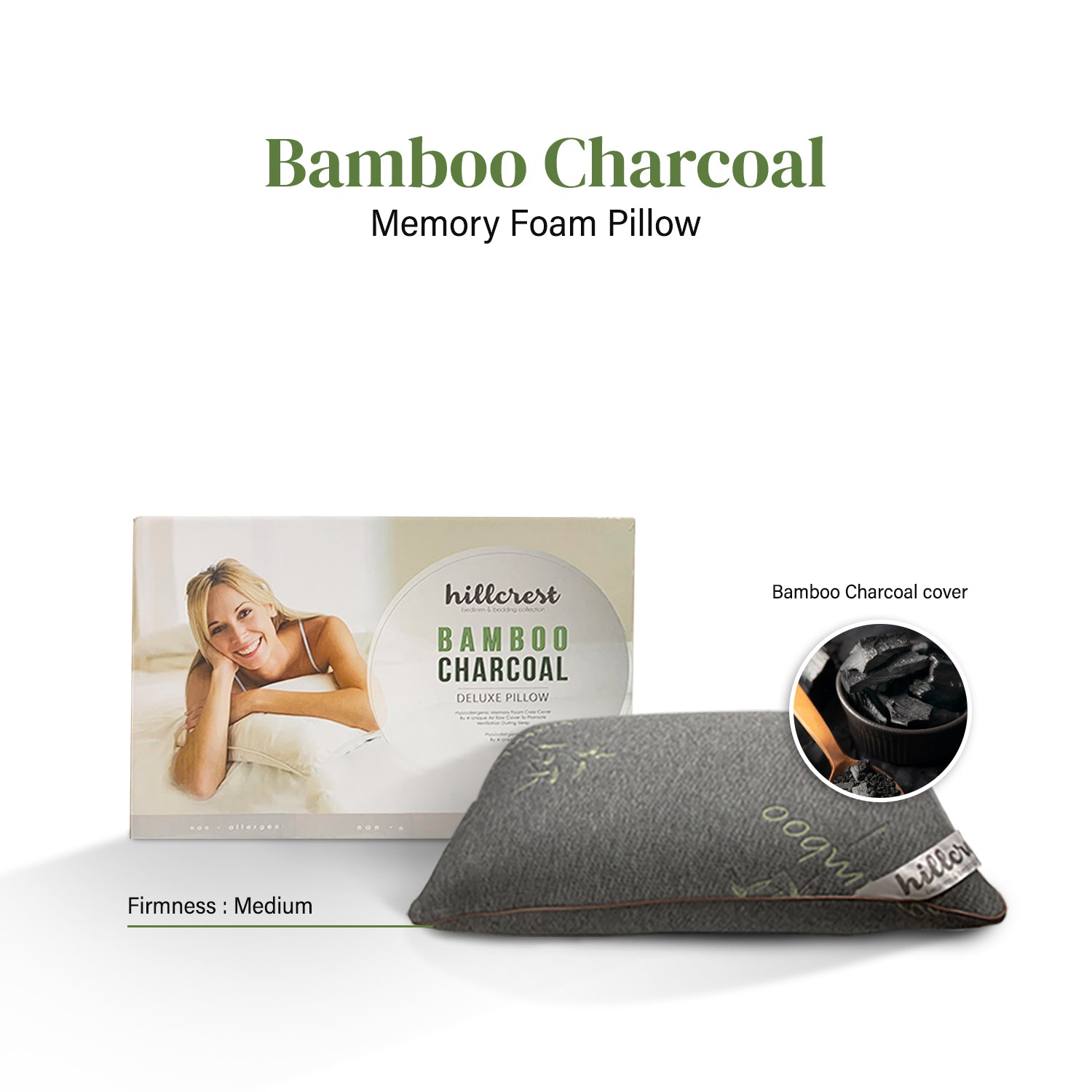 Hillcrest I Bamboo Charcoal I Memory Foam Pillow – Medium Support with Knitted Fabric