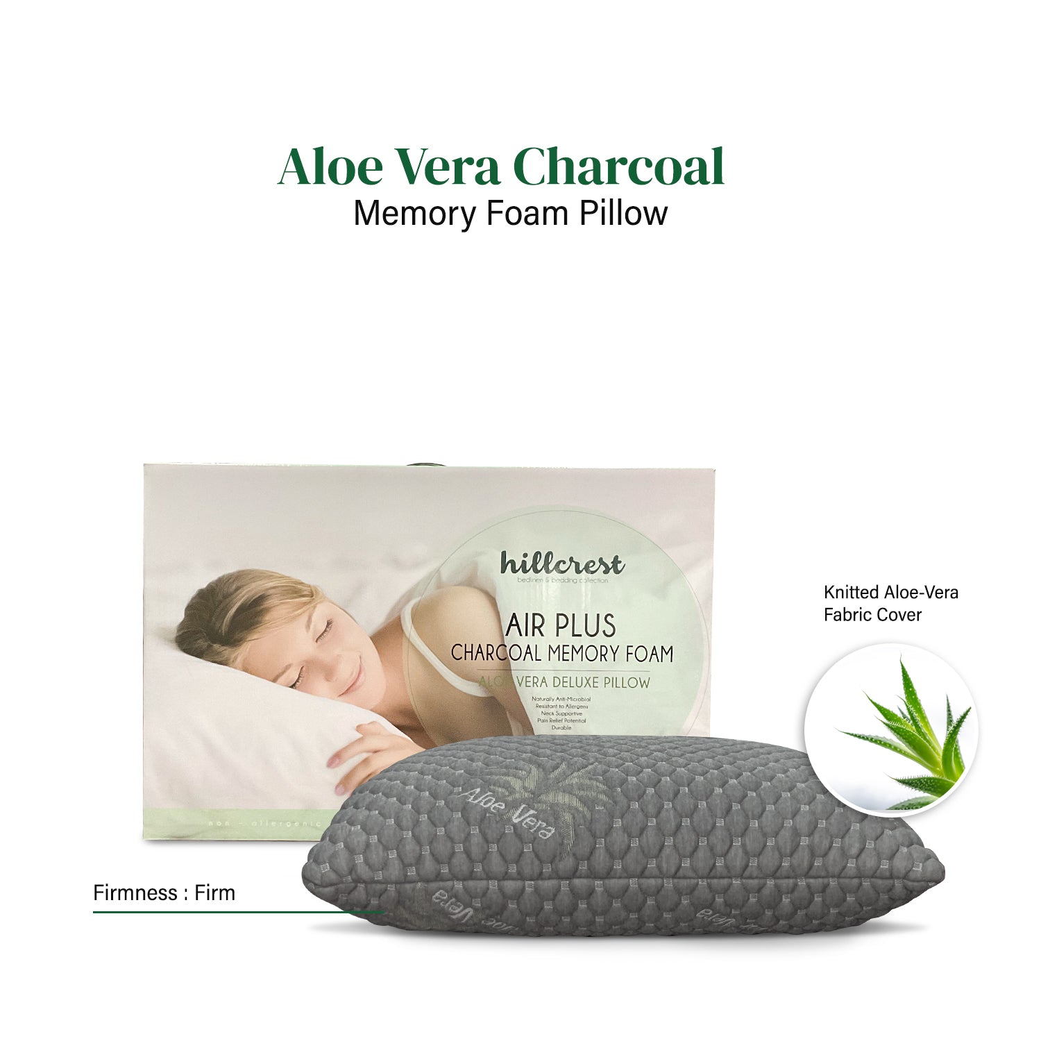 Hillcrest I Aloe Vera Charcoal I Memory Foam Pillow – Firm Support with Knitted Aloe Vera Fabric