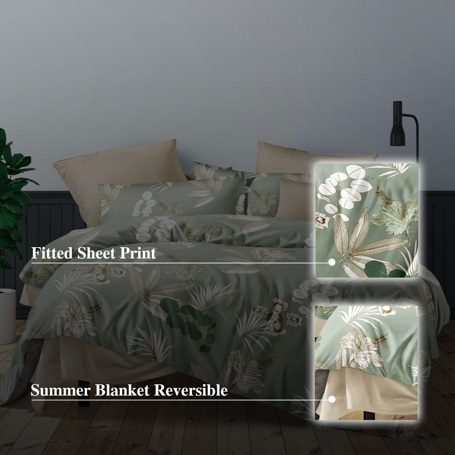 Hillcrest I 988TC ComfyLux I Printed Bedding Collection I Fitted Sheet Set & Summer Blanket - JadeBlossom