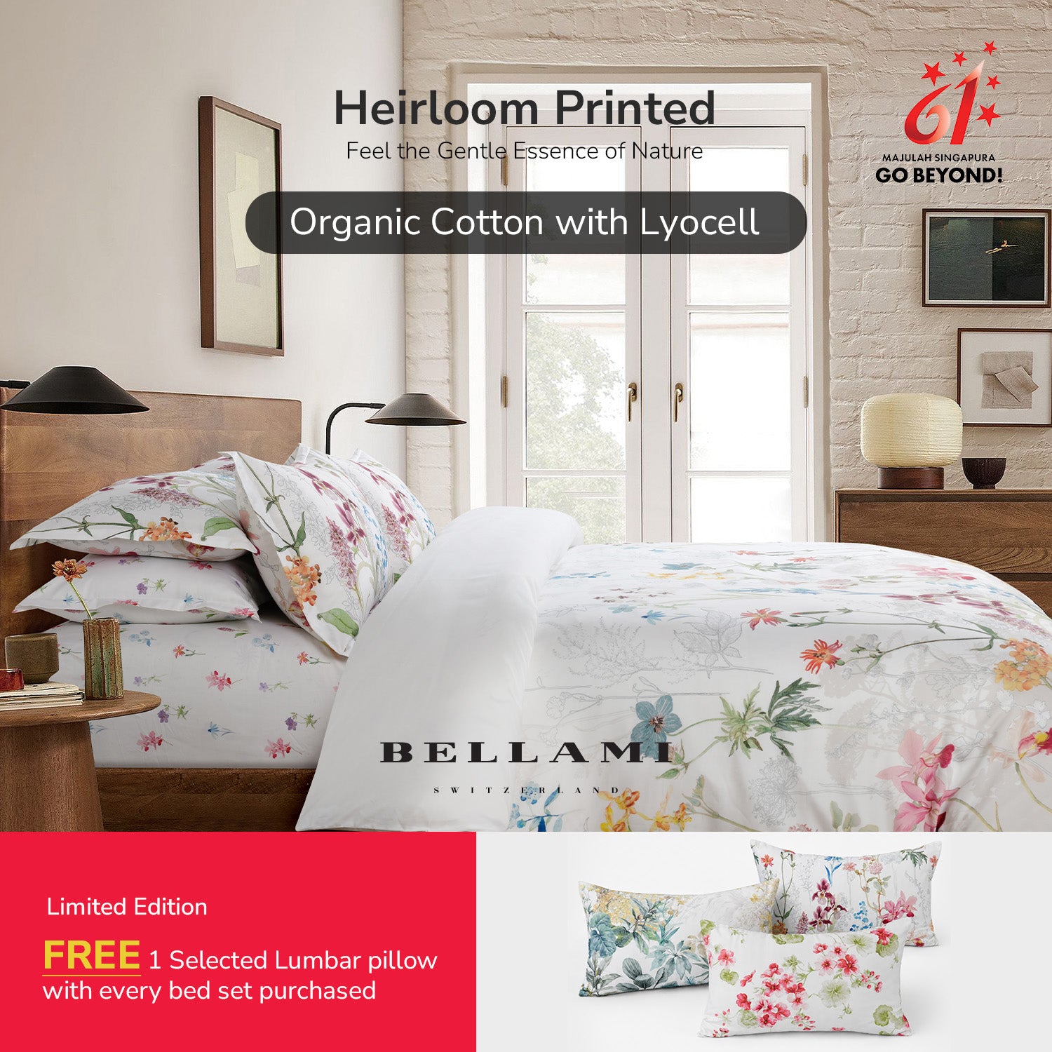 Bellami SG61 Heirloom Organic Cotton & Tencel Luxury Bedding Set with Free Lumbar Pillow(While Stock Last) - Garden Orchid