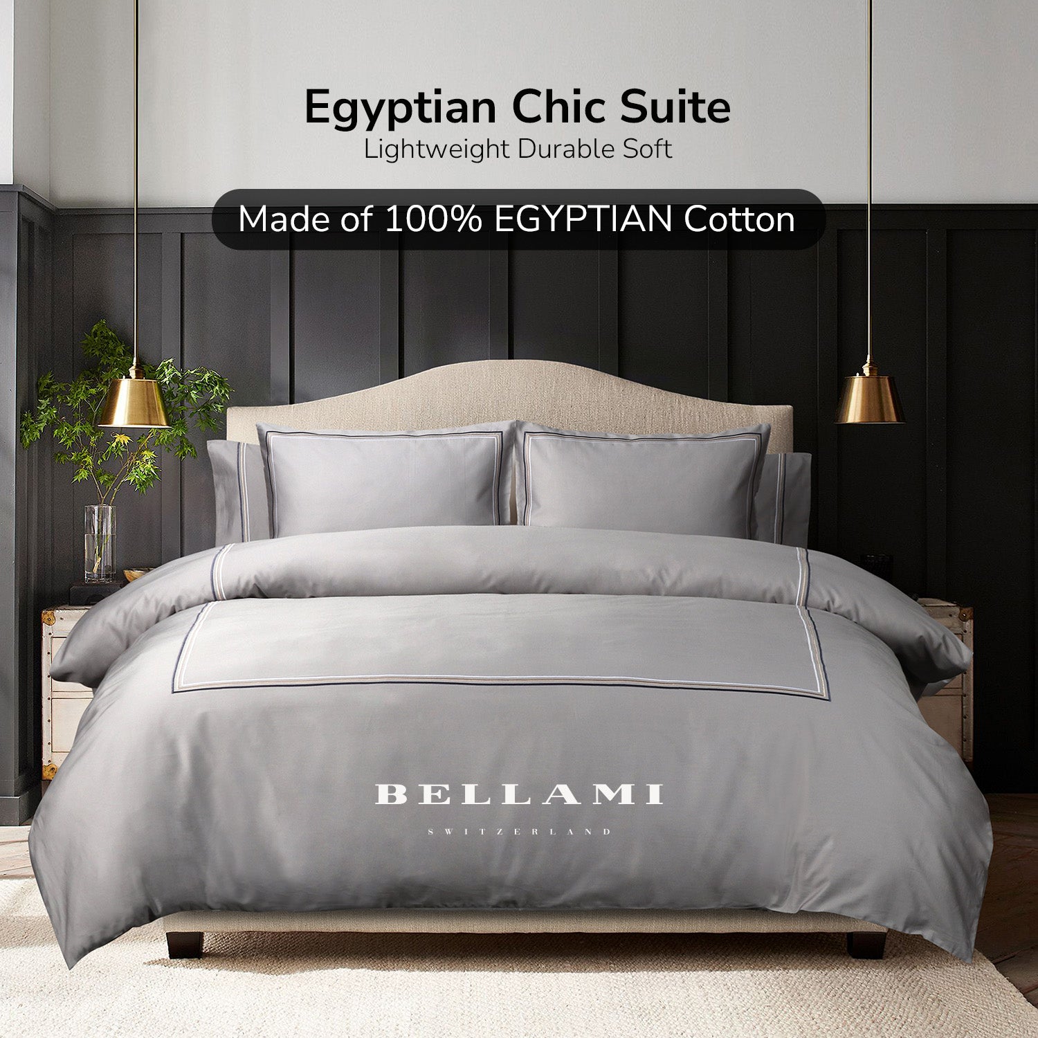 Bellami Hotel De Luxe Speedy Egyptian Cotton Bedding Set with Triple Embroidery Stitch - Grey