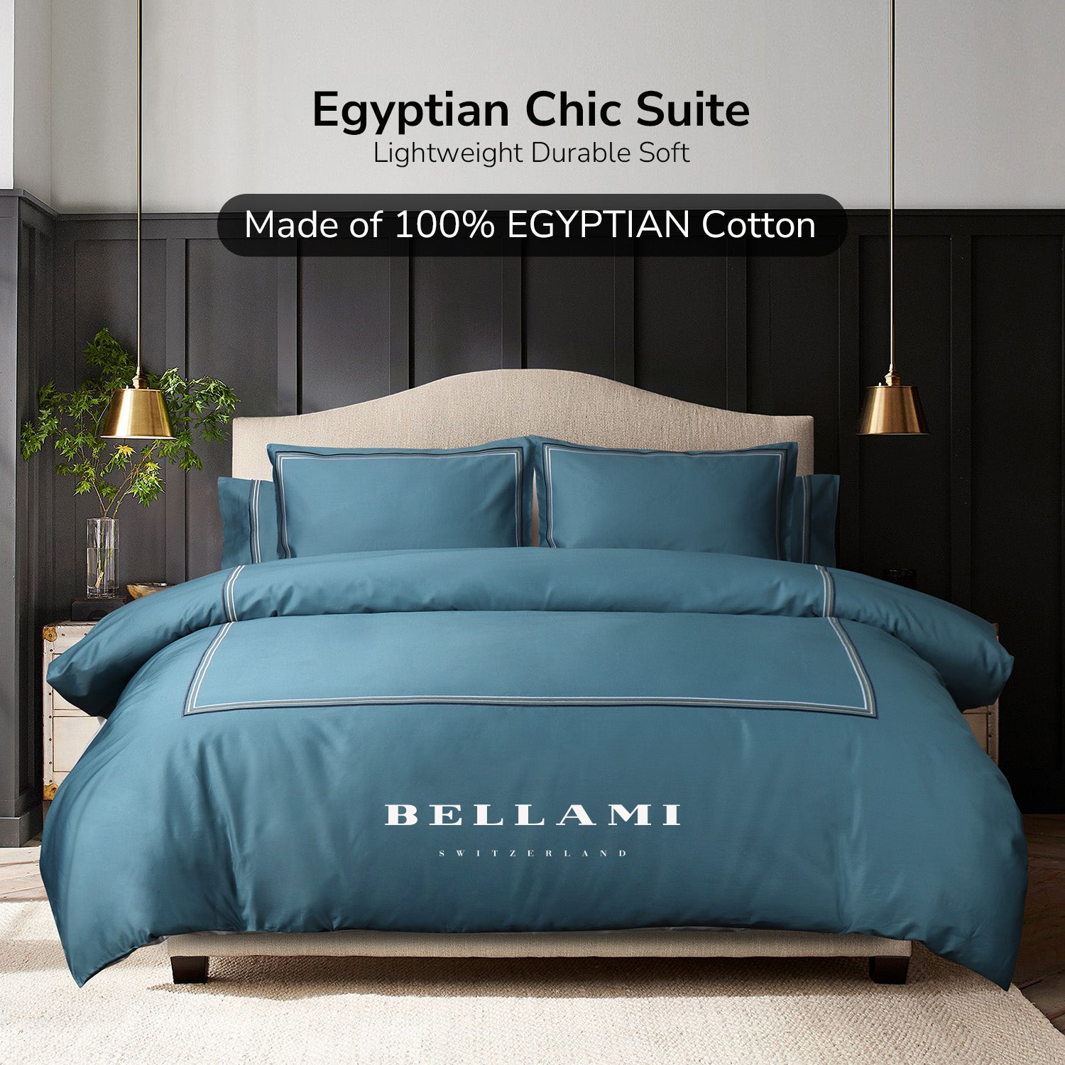 Bellami Hotel De Luxe Speedy Egyptian Cotton Bedding Set with Triple Embroidery Stitch - Denim