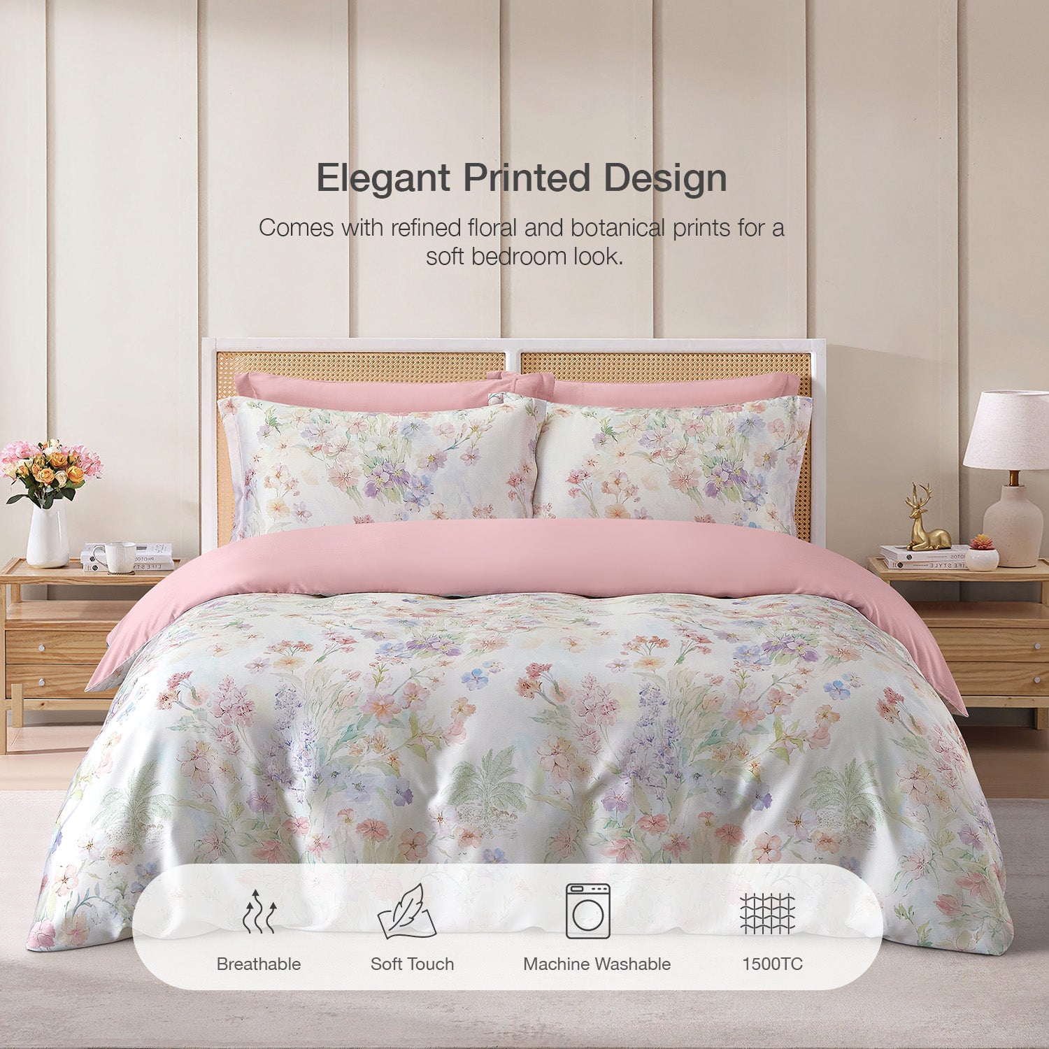 Intero MCD Lyocell Printed 1500TC Cooling Soft Luxury Bedding Fitted Sheet Set Gentle on Skin 1500 Thread Count - Pastel Revrie