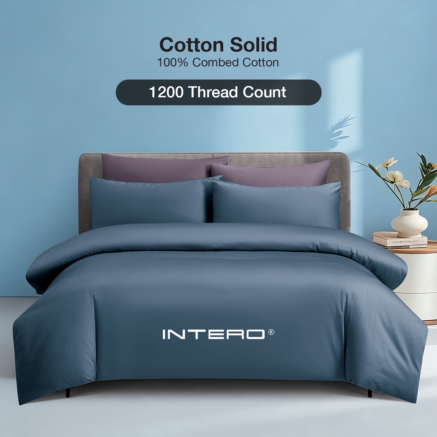 Intero MDC Cotton Solid 100% Combed Cotton 1200 Thread Count Fitted Sheet Set - Blue