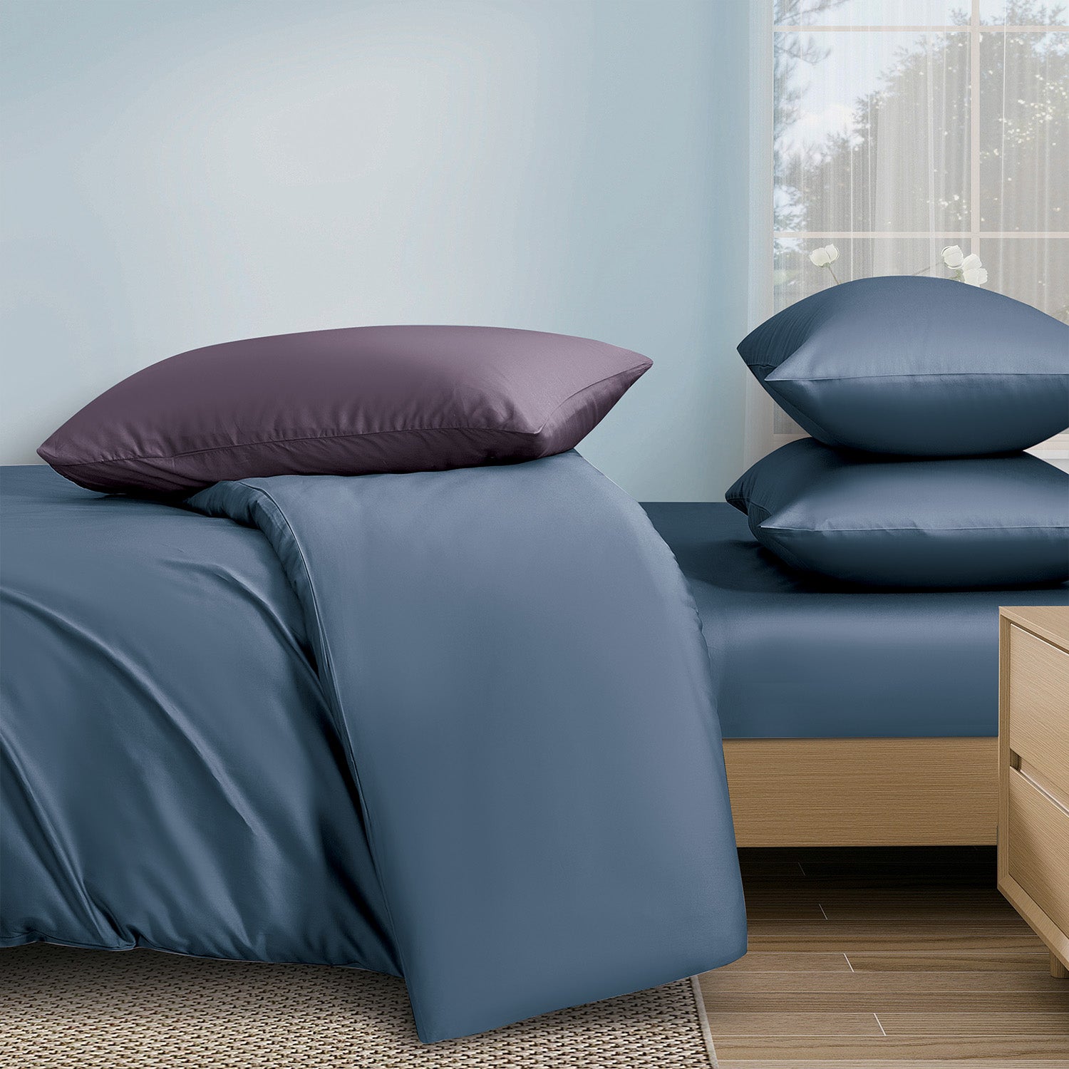 Intero MDC Cotton Solid 100% Combed Cotton 1200 Thread Count Fitted Sheet Set - Blue