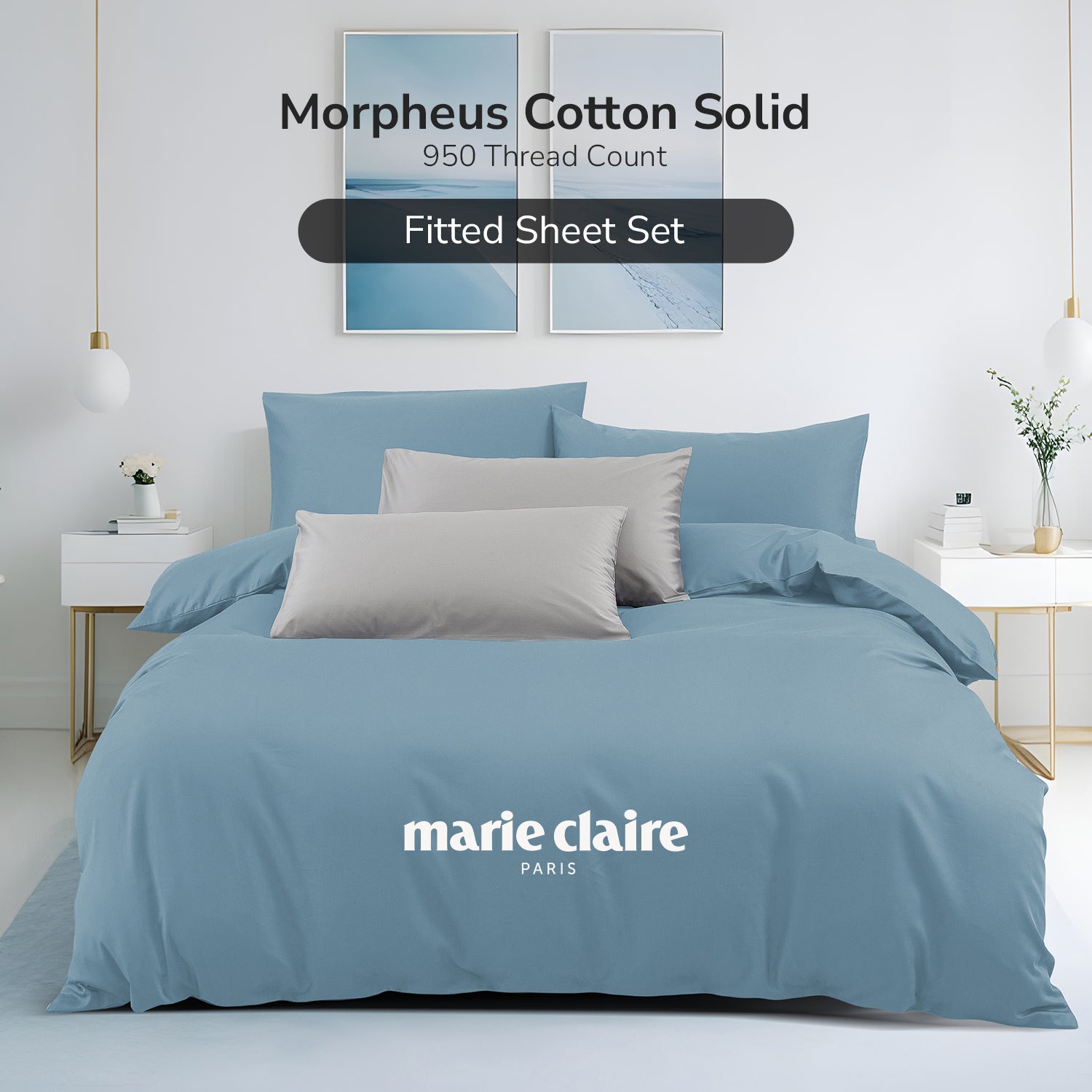 Marie Claire I Morpheus Solid I 100% Cotton I 950TC I Fitted Sheet Set I Pillow Bolster Case