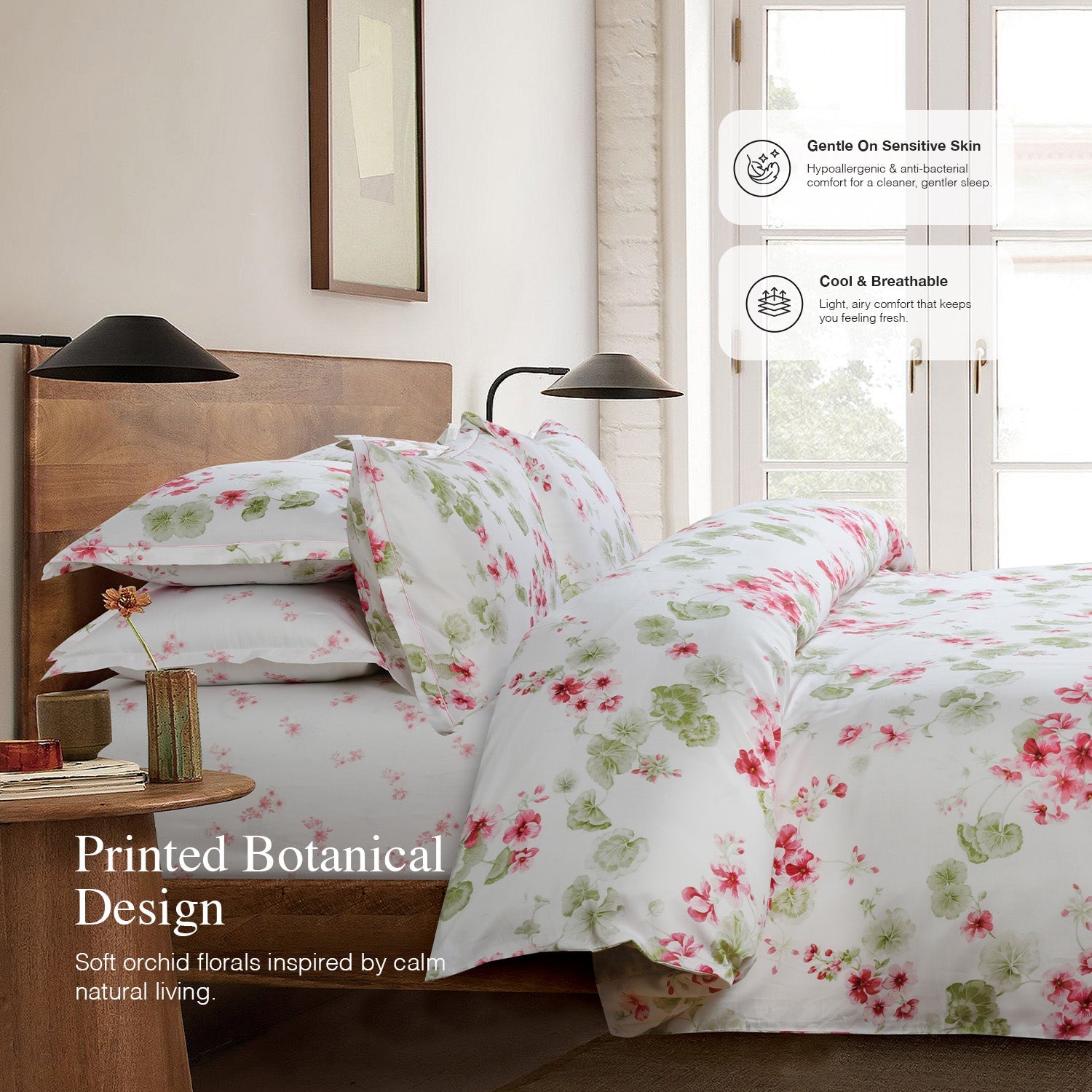 Bellami SG61 Heirloom Organic Cotton & Tencel Luxury Bedding Set with Free Lumbar Pillow(While Stock Last) - Garden Orchid