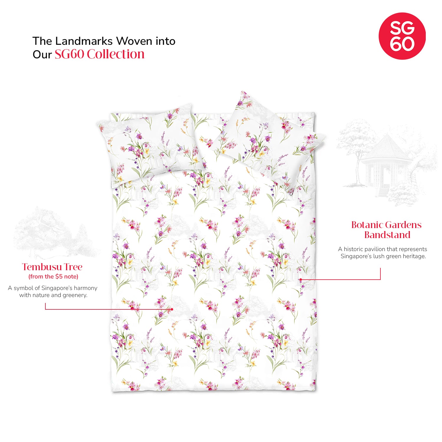 Bellami SG60 Early Bird Luxe Orchid-Inspired Bed Set Collection (Queen & King) - Dendrobium *With FREE 1 Lumbar Pillow*