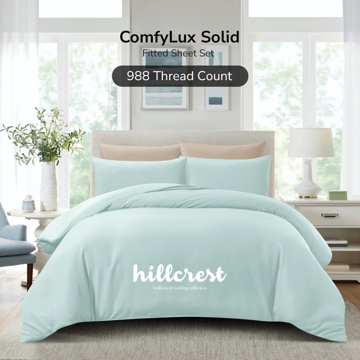 Hillcrest I ComfyLux Solid I 988TC Fitted Sheet Set I NO Quilt Cover - Light Mint