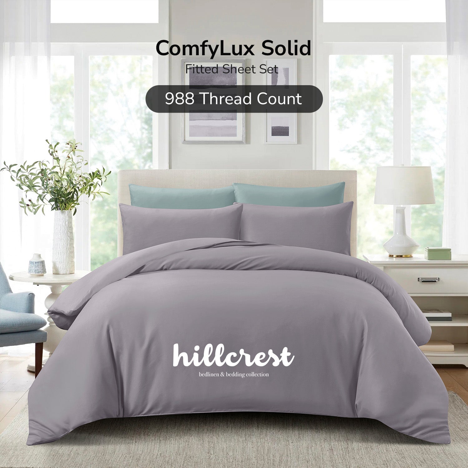 Hillcrest I ComfyLux Solid I 988TC Fitted Sheet Set I NO Quilt Cover - Grey