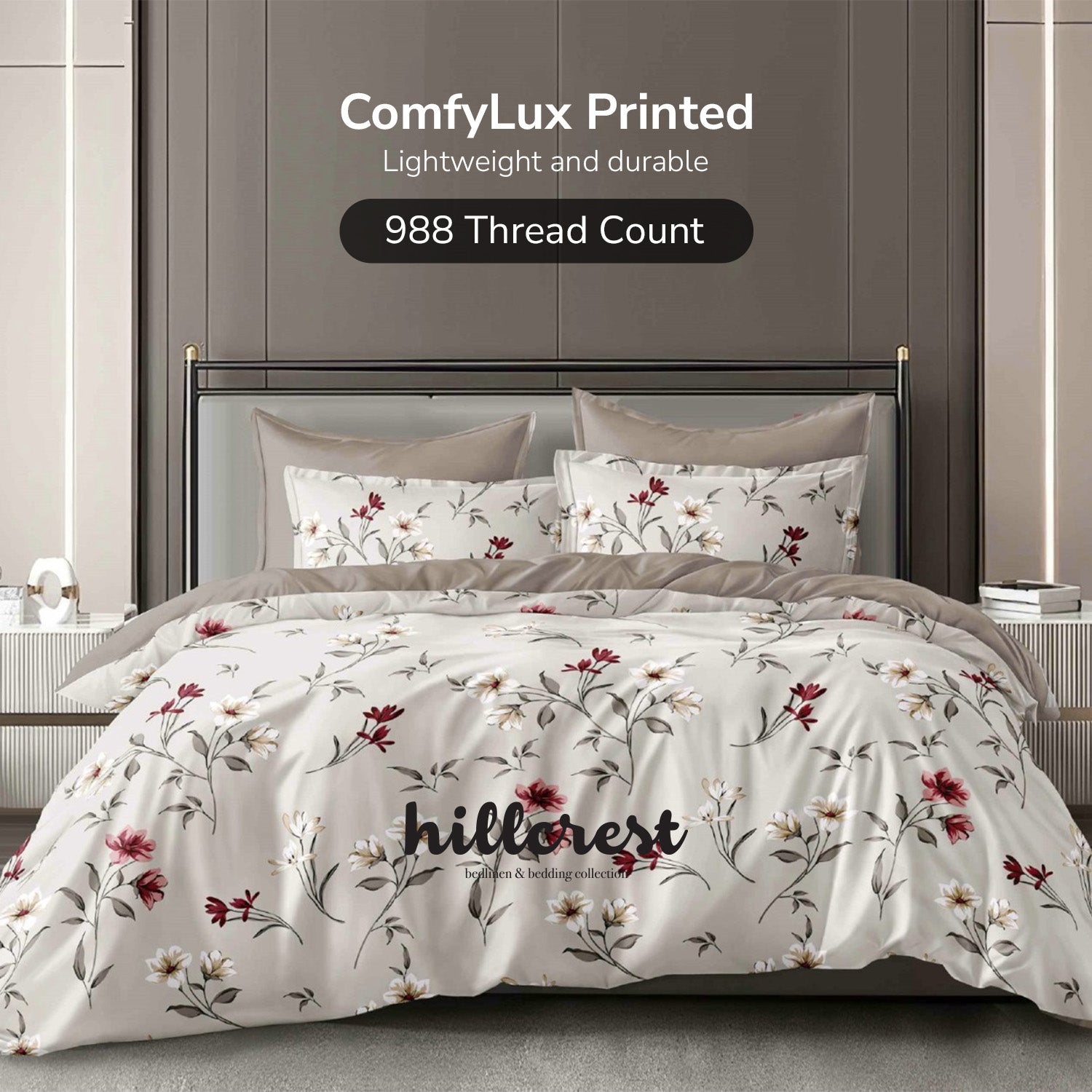 Hillcrest I 988TC ComfyLux I Printed Bedding Collection I Fitted Sheet Set I Summer Blanket - Ash Petals