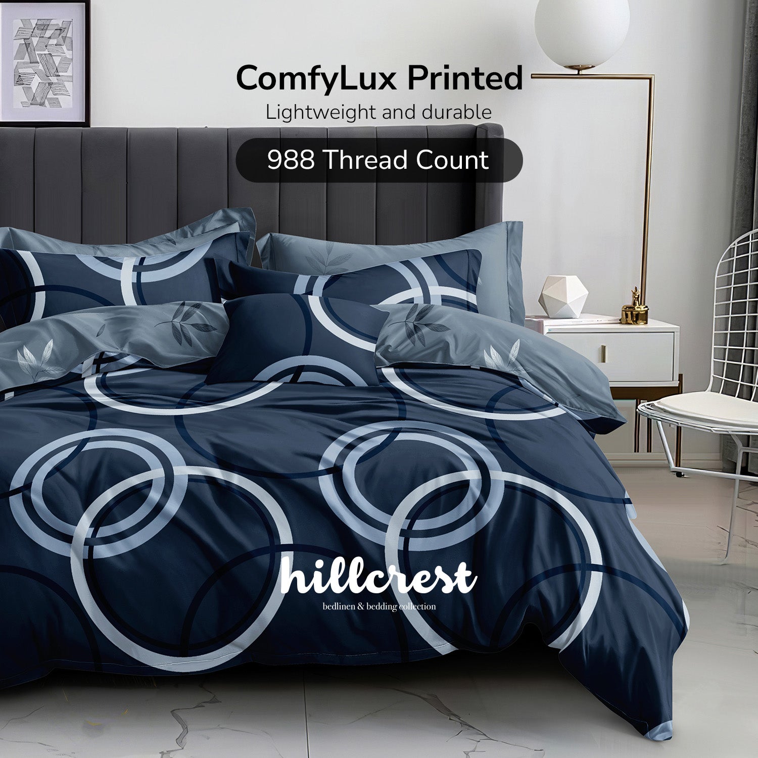 Hillcrest I 988TC ComfyLux I Printed Bedding Collection I Fitted Sheet Set I Summer Blanket - Blue Ripple