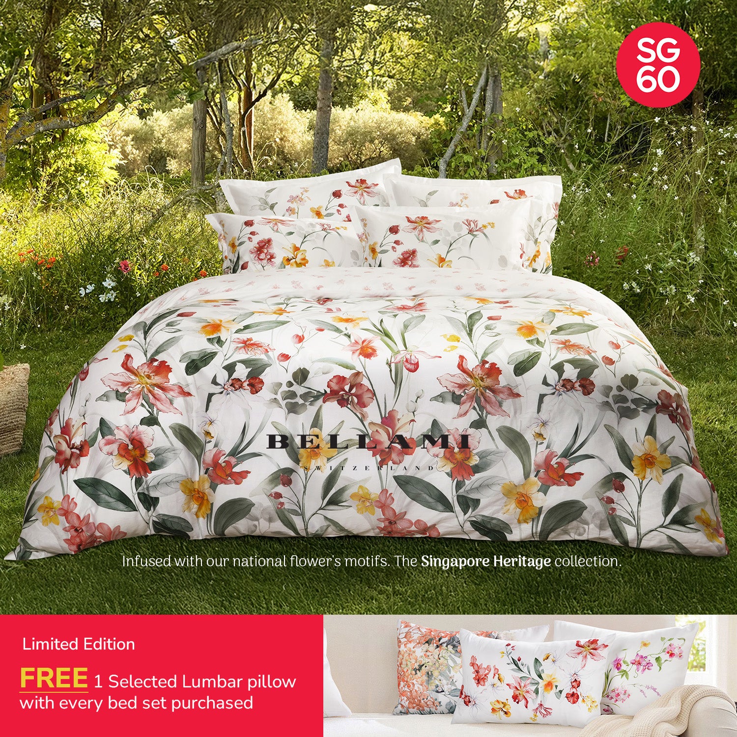 Bellami SG60 Early Bird Luxe Orchid-Inspired Bed Set Collection (Queen & King) - Cattleya *With FREE 1 Lumbar Pillow*