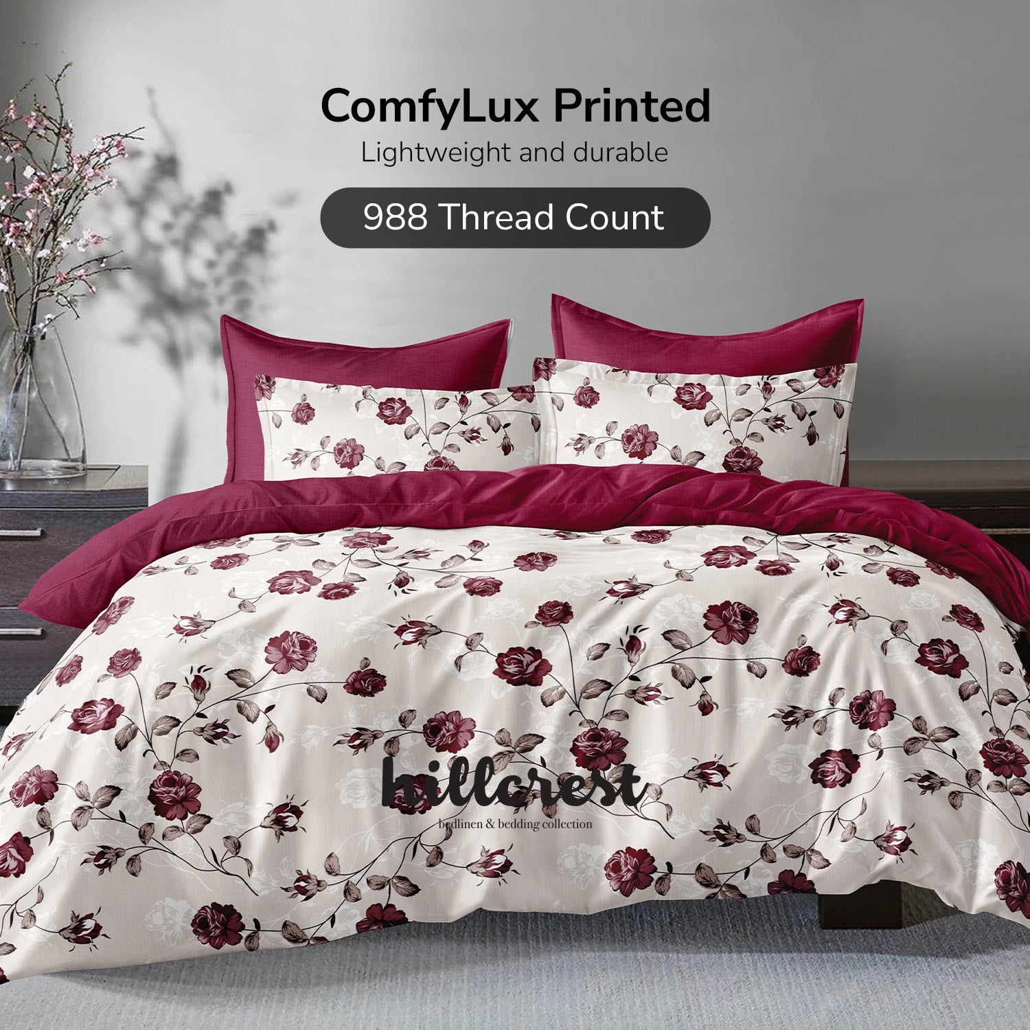 Hillcrest I 988TC ComfyLux I Printed Fitted Sheet Set - Crimson