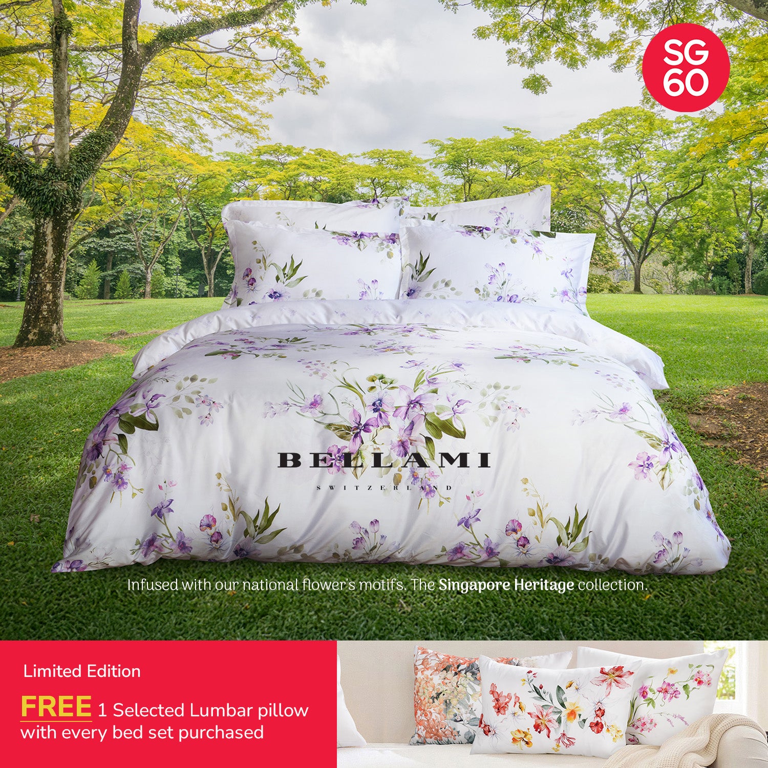 Bellami SG60 Early Bird Luxe Orchid-Inspired Bed Set Collection (Queen & King) - Dendrobium *With FREE 1 Lumbar Pillow*