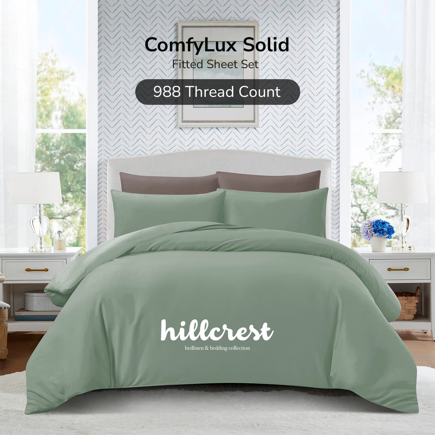 Hillcrest ComfyLux Solid 988TC | Fitted Sheet Set I No Quilt Cover - Eucalyptus