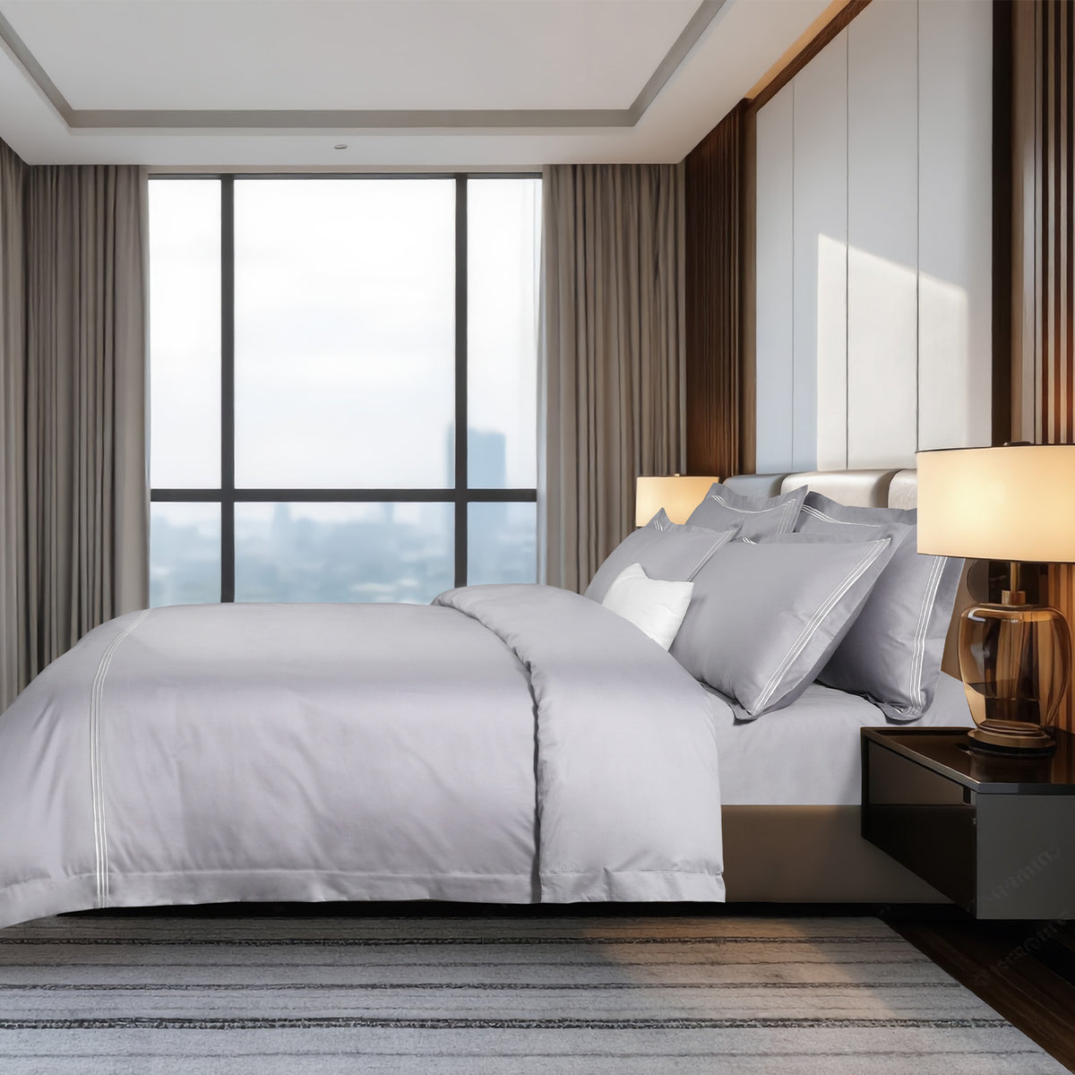 IE Maison I Hotel Suite I Premium Cotton I 1200TC Solid Bedding Set with Embroidery - Grey