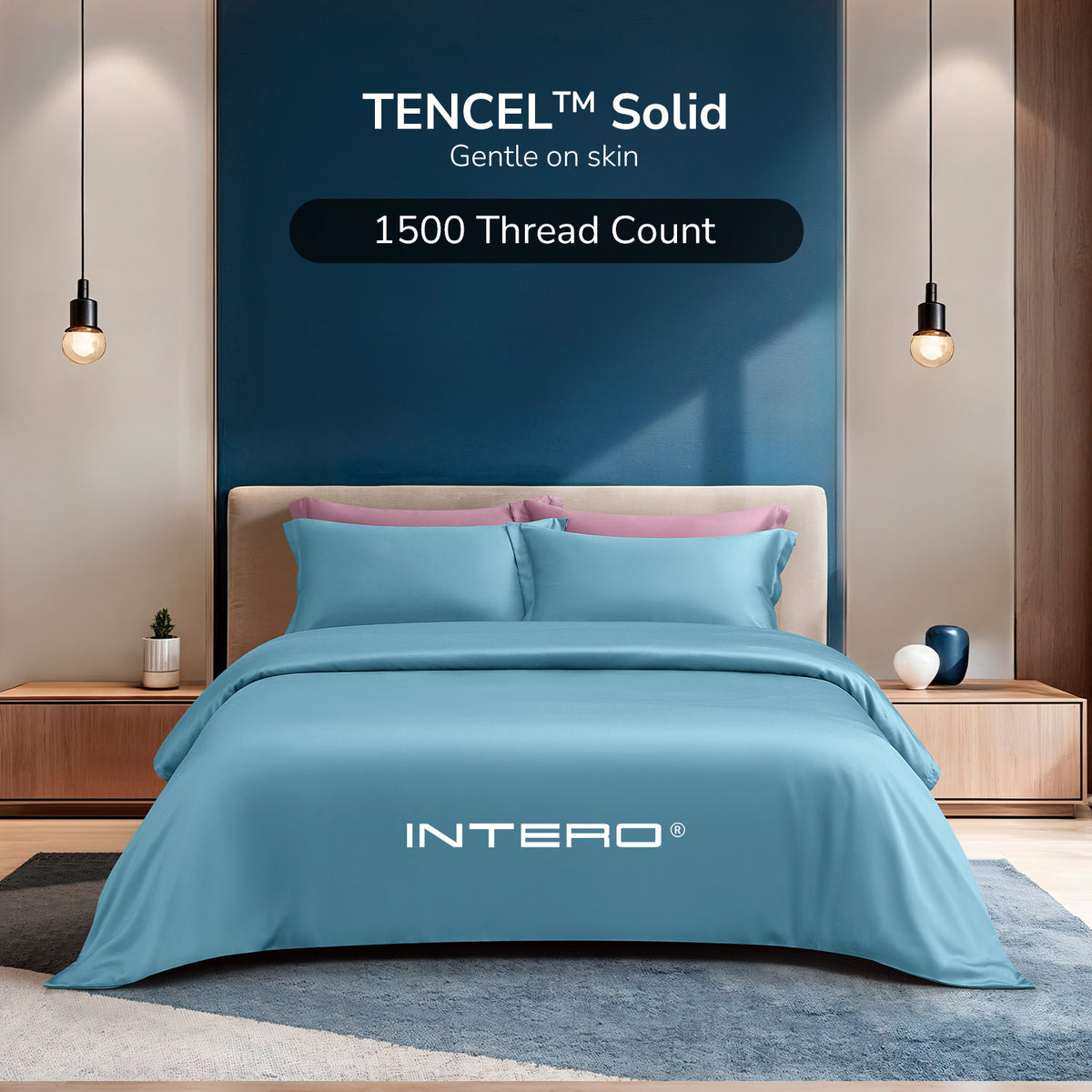 PRE- Order Intero | Tranquil | 1500TC Tencel Solid | Fitted Sheet Set | Bed Set | Ultra Soft & Smooth - Lake Blue