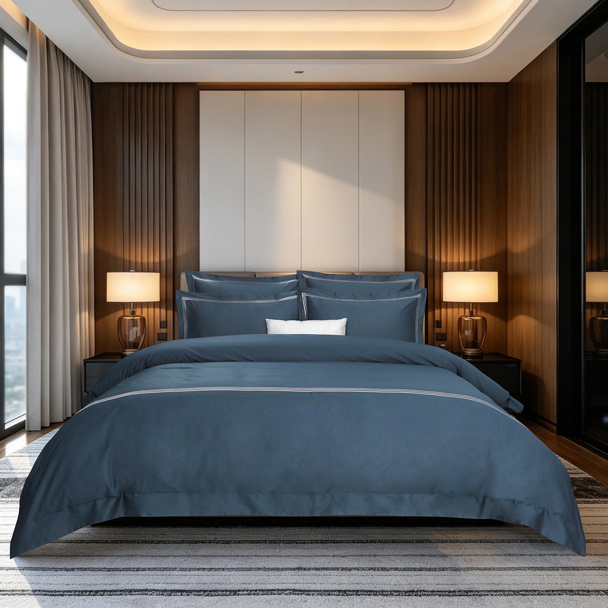 IE Maison I Hotel Suite I Premium Cotton I 1200TC Solid Bedding Set with Embroidery - Navy