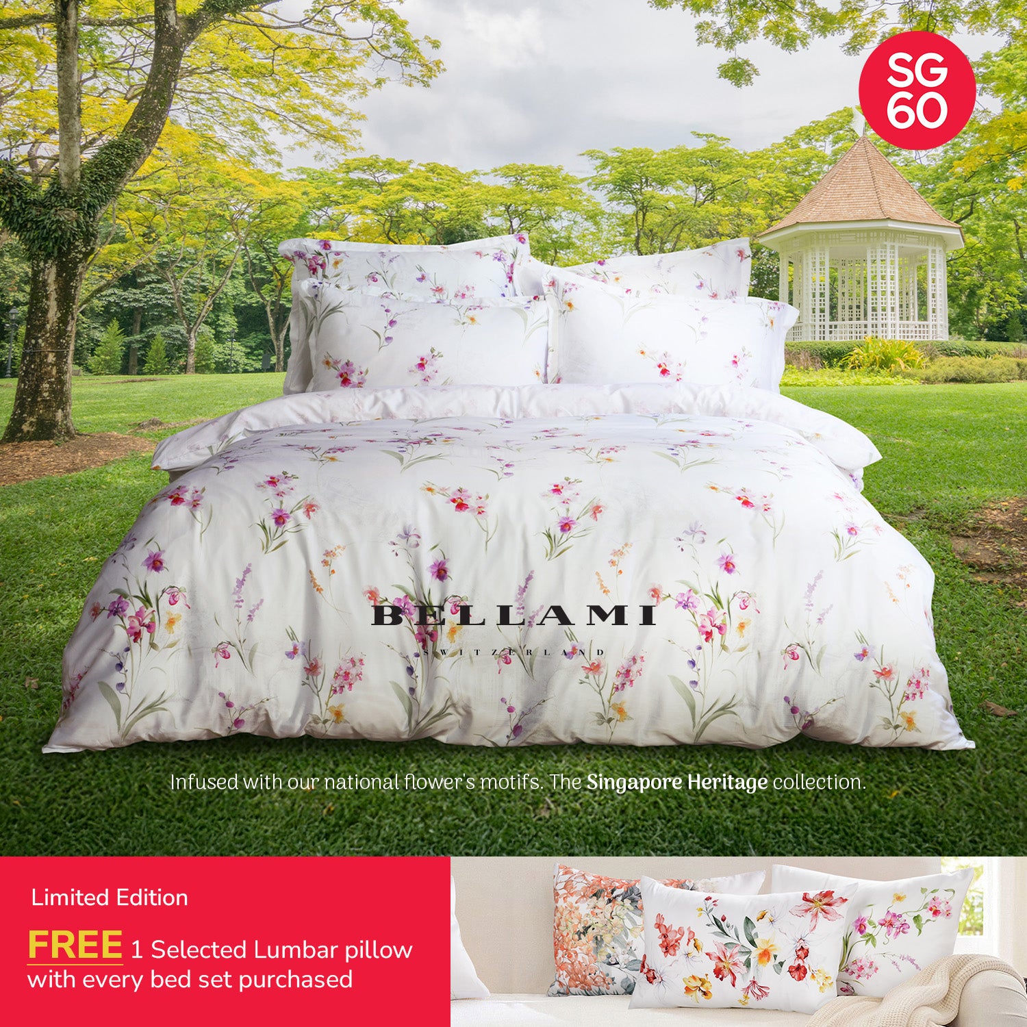 Bellami SG60 Early Bird Luxe Orchid-Inspired Bed Set Collection (Queen & King) - Papilionanthe *With FREE 1 Lumbar Pillow*