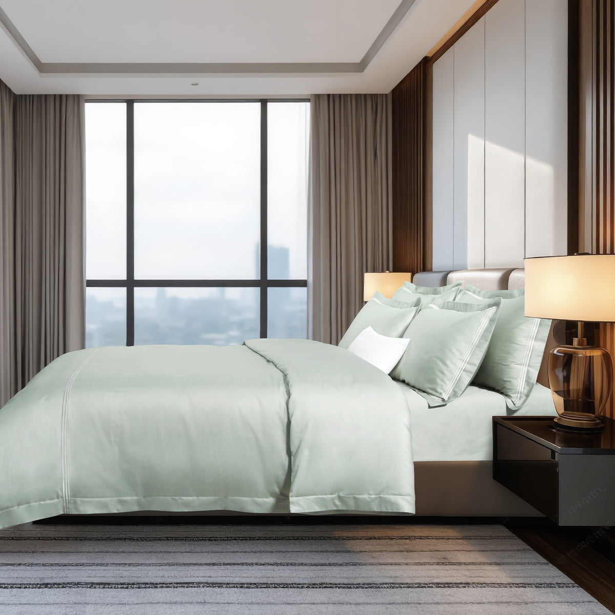 IE Maison I Hotel Suite I Premium Cotton I 1200TC Solid Bedding Set with Embroidery - Sage