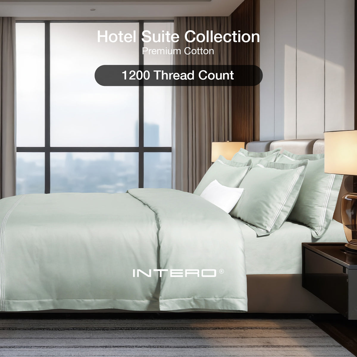 IE Maison I Hotel Suite I Premium Cotton I 1200TC Solid Bedding Set with Embroidery - Sage