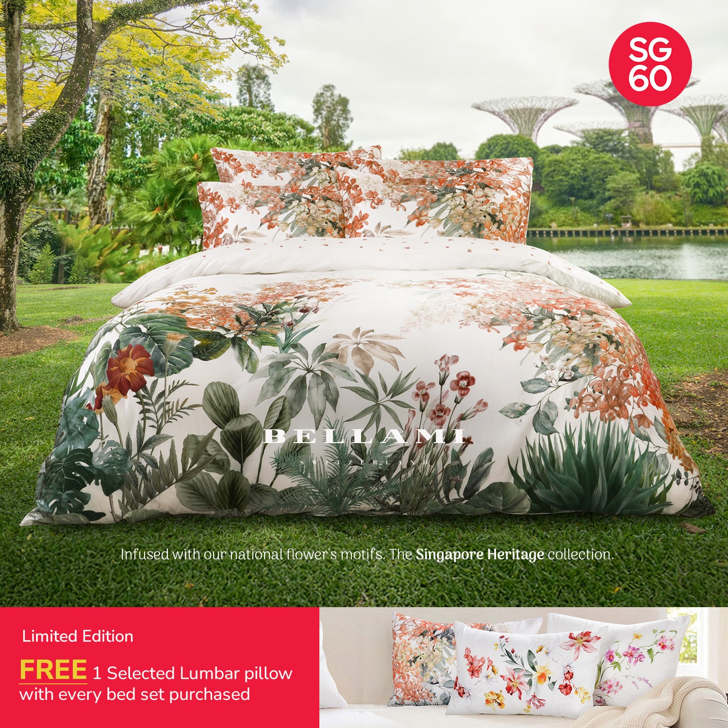 Bellami SG60 Early Bird Luxe Orchid-Inspired Bed Set Collection (Queen & King) - Vanda *With FREE 1 Lumbar Pillow*