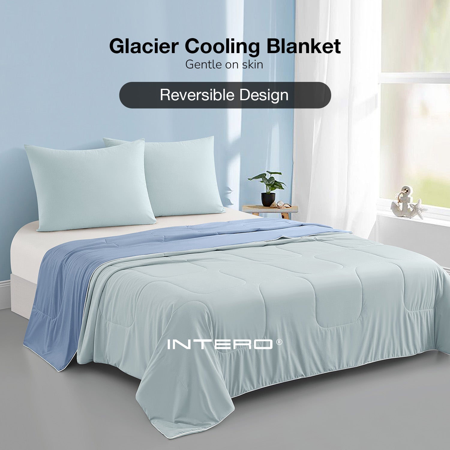 Intero Glacier Reversible Cooling Blanket – Dual-Sided Cooling Comfort - Celeste / Valley Blue