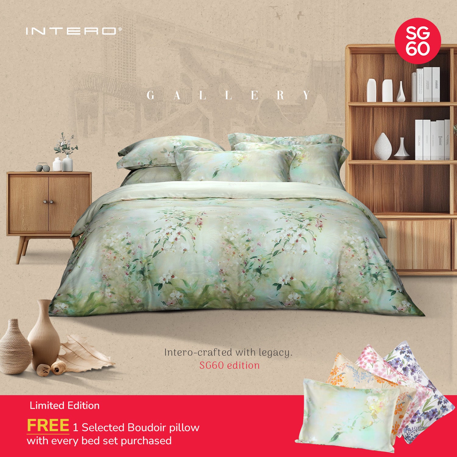 Intero SG60 Early Bird Special | Vanda Orchids Collection | Queen & King Bed Sets - Mint Green *With FREE 1 Boudoir Pillow*