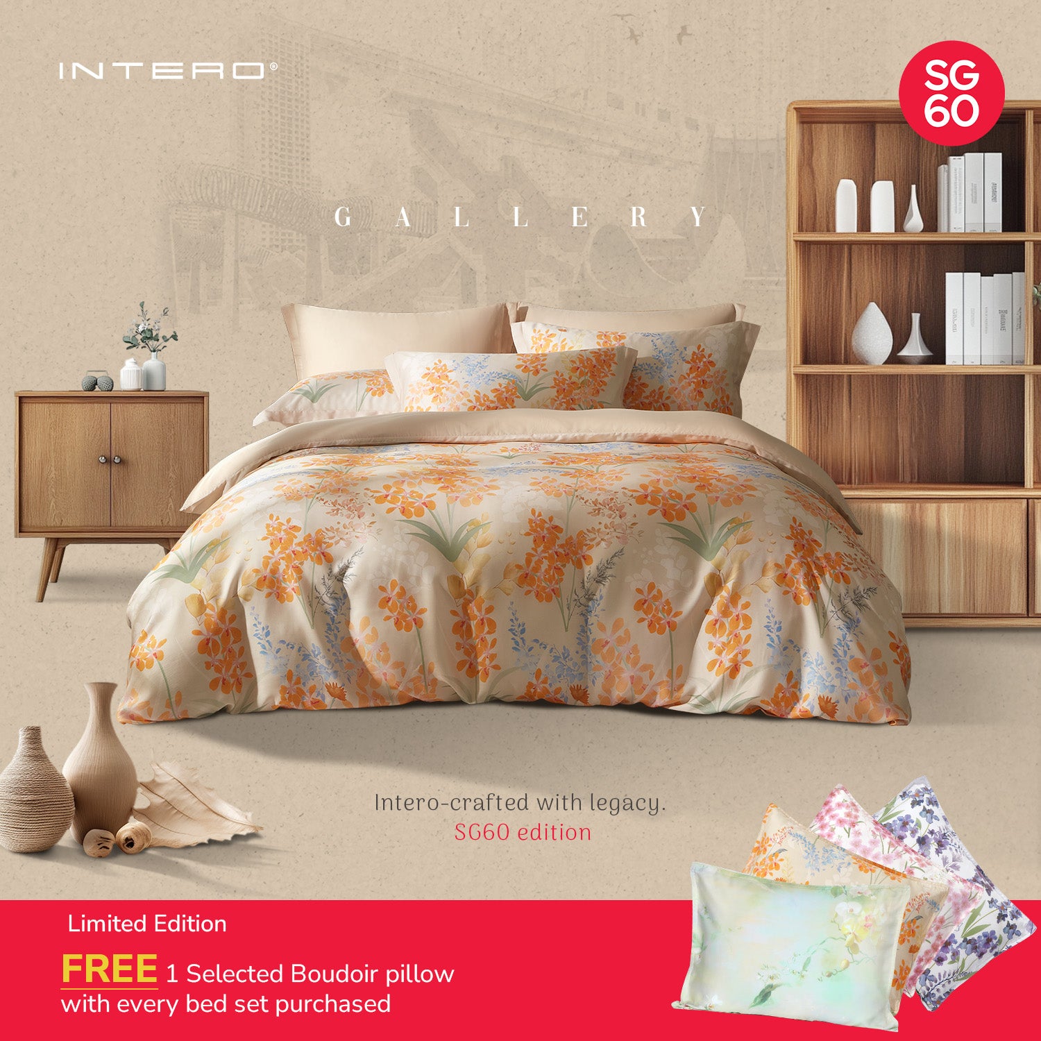 Intero SG60 Early Bird Special | Vanda Orchids Collection | Queen & King Bed Sets - Orange *With FREE 1 Boudoir Pillow*