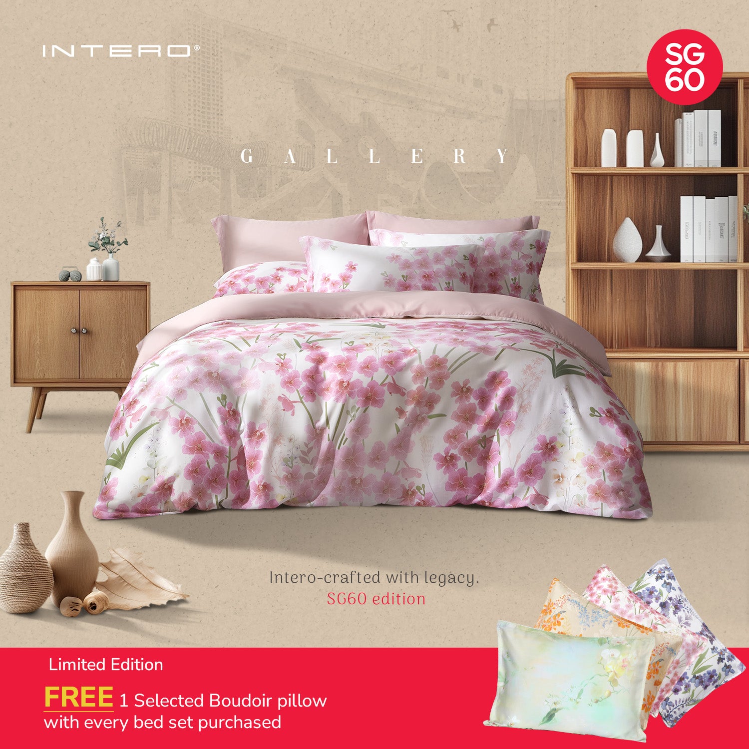 Intero SG60 Early Bird Special | Vanda Orchids Collection | Queen & King Bed Sets - Pink *With FREE 1 Boudoir Pillow*