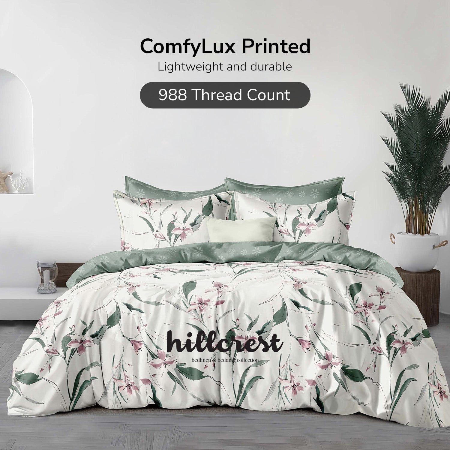 Hillcrest I 988TC ComfyLux I Printed Bedding Collection I Fitted Sheet Set I Summer Blanket - Verdant