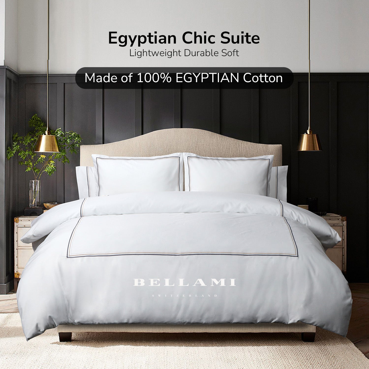 Bellami Hotel De Luxe Speedy Egyptian Cotton Bedding Set with Triple Embroidery Stitch - White