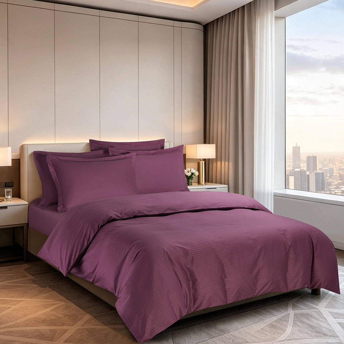 IE Maison Cotton Dobby 1100TC Fitted Sheet Set I Bed Set - Wine Berry