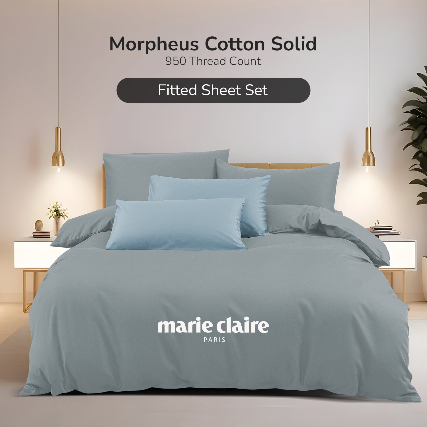 Marie Claire I Morpheus Solid I 100% Cotton I 950TC I Fitted Sheet Set I Pillow Bolster Case