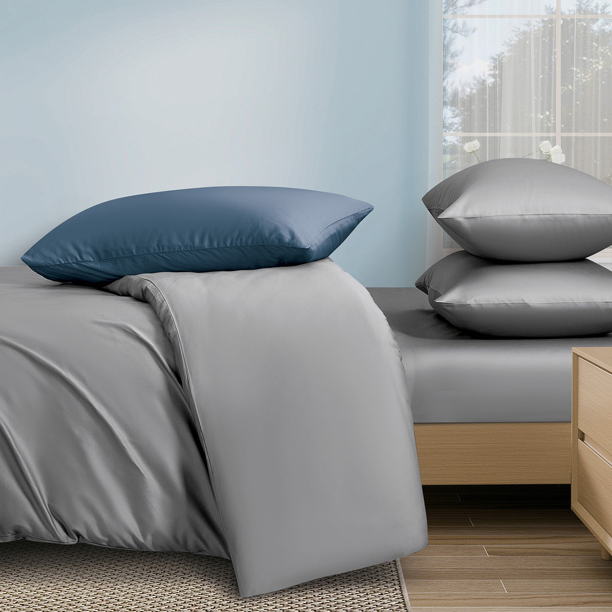 IE Maison Cotton Solid 100% Combed Cotton 1200 Thread Count Fitted Sheet Set - Grey