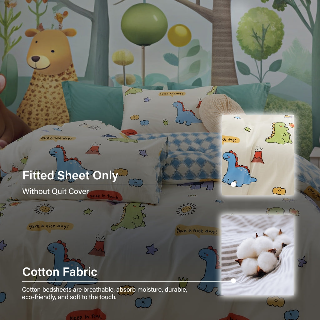 IE Kids I 100% Cotton Printed I Fitted Sheet Set I Without Quilt Cover -  Dino Roar