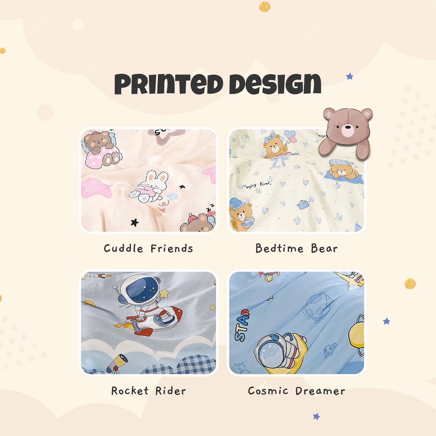 IE Kids I 100% Cotton Printed I Fitted Sheet Set I Fun Vibrant Prints Without Quilt Cover - Cuddle Friends