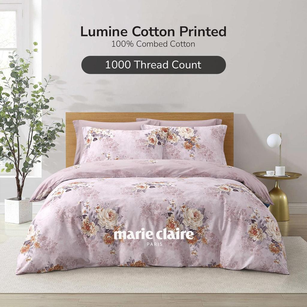 Marie Claire Lumine Printed 100% Combed Cotton 1000TC | Fitted Sheet Set I Bed Set - Pink Reverie