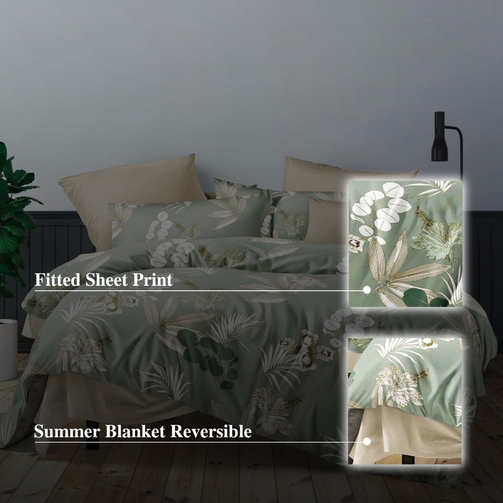 Hillcrest I 988TC ComfyLux I Printed Bedding Collection I Fitted Sheet Set & Summer Blanket - JadeBlossom
